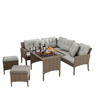 Salon de Jardin 7 Places avec Canapé, Fauteuils et Tabourets, en Résine Tressée PE Anti-UV avec Table en Verre Trempé - Kaki