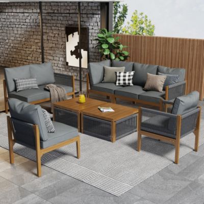 Salon de jardin 7 places canapé table coussins housses amovibles lavables extérieur confortable tressé résine gris naturel