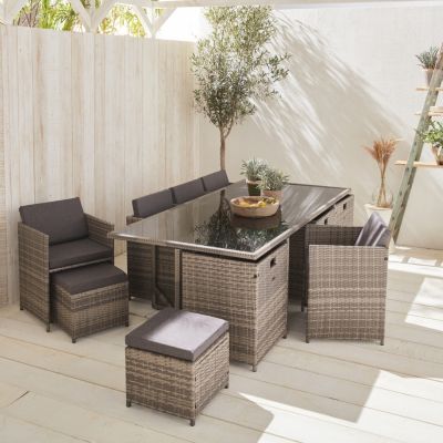 Salon de jardin 8-12 places   Vabo   Coloris Nuance de gris. Coussins Gris chiné. table encastrable