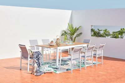 Salon de jardin 8 places aluminium blanc et bois TIJUANA