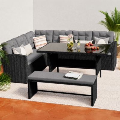 Salon de jardin 8 places en résine anthracite et coussins gris MOOREA