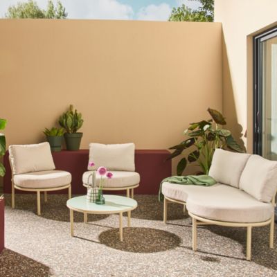 Salon de jardin aluminium et tissu beige 4 places. forme organique. table ronde - Solena