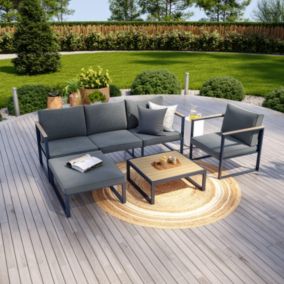 Salon de jardin angle aluminium polywood 5 Places gris et naturel - VALENCE