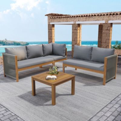 Salon de jardin angle modulable, canapé d'angle et table basse, cadre acacia, plateau tressé main, extérieur confortable, gris
