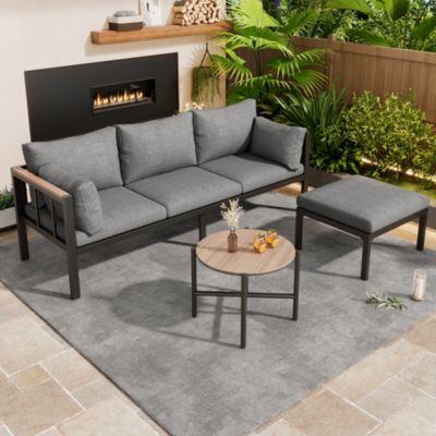 Salon de jardin angle modulable canapé table basse repose-pieds acier galvanisé plateau verre extérieur gris
