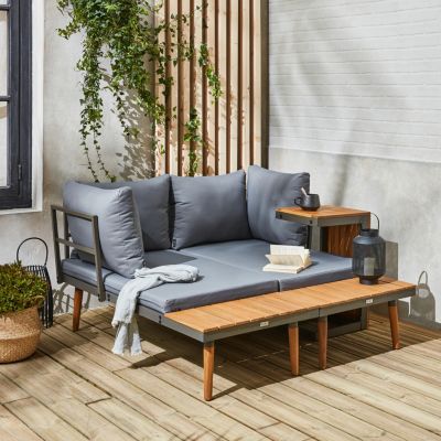 Salon de jardin anthracite et gris  modulable en aluminium et bois d'acacia. 4 places. Sao Paulo. 140 x 68 x 65cm