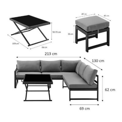 Salon de jardin avec structure aluminium avec coussins 7 personnes Hipu - Gris