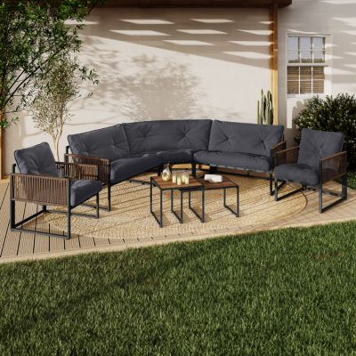 Salon de jardin bas RIO 8 places salon d'angle structure métal gris anthracite, cordage effet rotin avec coussins gris