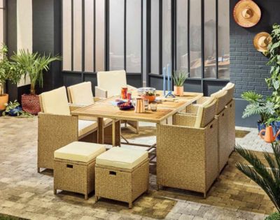 Salon de jardin best mobilier resine tressee 10 personnes beige 225.0 x 75 x 110 cm 7 pieces