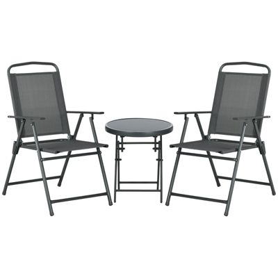 Salon de jardin bistro 3 pièces en métal gris foncé avec table pliante en verre