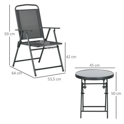 Salon de jardin bistro 3 pièces en métal gris foncé avec table pliante en verre