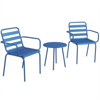 Salon de jardin bistro - table basse ronde dia. 60 cm 2 chaises empilables - acier thermolaqué bleu