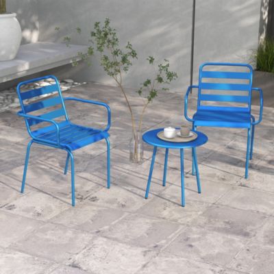 Salon de jardin bistro - table basse ronde dia. 60 cm 2 chaises empilables - acier thermolaqué bleu