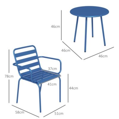 Salon de jardin bistro - table basse ronde dia. 60 cm 2 chaises empilables - acier thermolaqué bleu