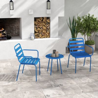 Salon de jardin bistro - table basse ronde dia. 60 cm 2 chaises empilables - acier thermolaqué bleu