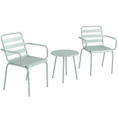 Salon de jardin bistro - table basse ronde dia. 60 cm 2 chaises empilables - acier thermolaqué vert de gris