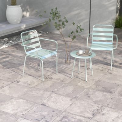 Salon de jardin bistro - table basse ronde dia. 60 cm 2 chaises empilables - acier thermolaqué vert de gris