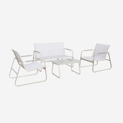 Salon de jardin blanc NOTO aluminium. 4 places. un canapé. une table. deux fauteuils textilene