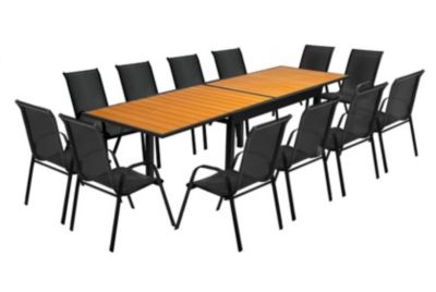 Salon de Jardin Bois Noir - Table Extensible 35/270cm - 12 chaises - Mobilier Extérieur Jardin Terasse