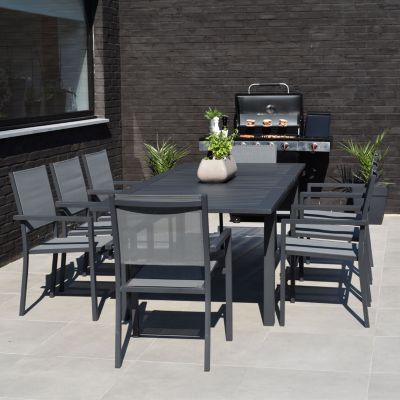 Salon de jardin CAPRI extensible en textilène gris 8 places - aluminium anthracite - HAPPY GARDEN