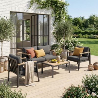 Salon de jardin Casoria. gris foncé. aluminium et polywood 4 places. 1 canapé. 2 fauteuils. 1 table basse