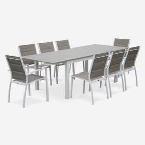 Salon de jardin - Chicago Blanc / Taupe - Table extensible 175/245cm avec rallonge et 8 assises en textilène