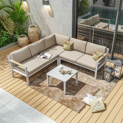 Salon de jardin d'angle design en aluminium 5 places - blanc beige - PASSY