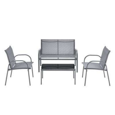 Salon de Jardin de 4 Meubles Gagra Acier PVC Polyester Noir Gris Clair en.casa