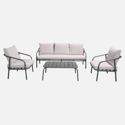Salon de jardin en acier. structure kaki. coussins beige. 5 places