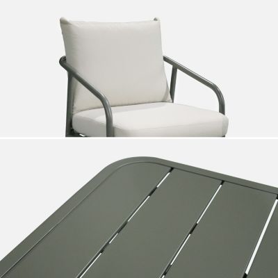 Salon de jardin en acier. structure kaki. coussins beige. 5 places