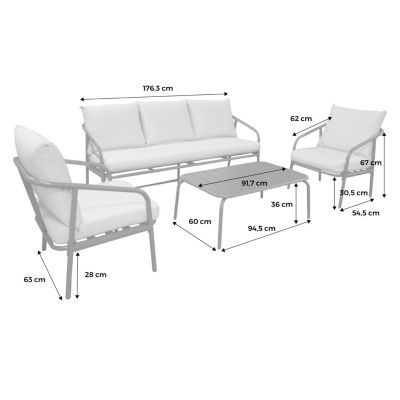 Salon de jardin en acier. structure kaki. coussins beige. 5 places