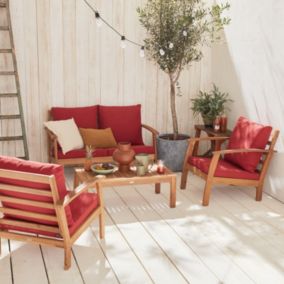 Salon de jardin en bois 4 places - Ushuaïa - Coussins terracotta. canapé. fauteuils et table basse en acacia. design