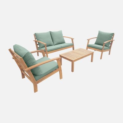 Salon de jardin en bois 4 places - Ushuaïa - Coussins vert de gris. canapé. fauteuils et table basse en acacia. design
