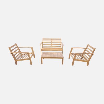 Salon de jardin en bois 4 places - Ushuaïa - Coussins vert de gris. canapé. fauteuils et table basse en acacia. design