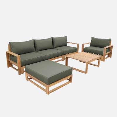 Salon de jardin en bois 5 places - kaki. canapé. fauteuils et table basse en acacia. 6 éléments modulables. 273 x 75 x 72.5cm