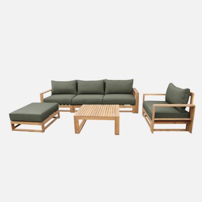 Salon de jardin en bois 5 places - kaki. canapé. fauteuils et table basse en acacia. 6 éléments modulables. 273 x 75 x 72.5cm