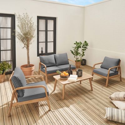 salon de jardin en bois d'acacia 4 places gris CARNOTA. coussins déhoussables. 2 fauteuils. 1 canapé 2 places et 1 table