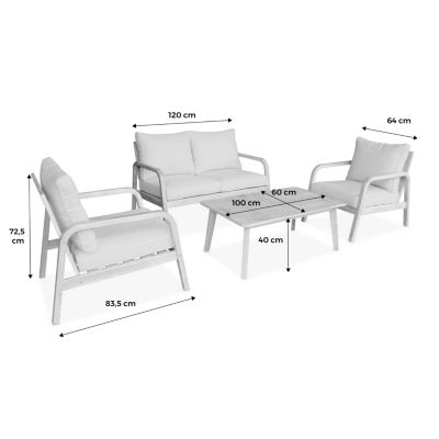 salon de jardin en bois d'acacia 4 places gris CARNOTA. coussins déhoussables. 2 fauteuils. 1 canapé 2 places et 1 table