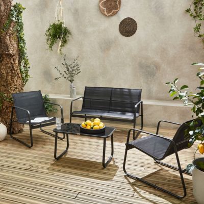 Salon de jardin en métal  et textilène pour 4 personnes. gris foncé et noir. design