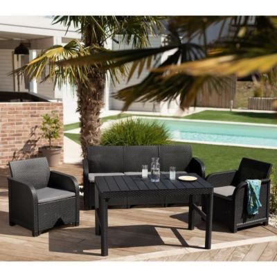 Salon de jardin en résine aspect rotin tressé 5 personnes SanRemo - Gris graphite