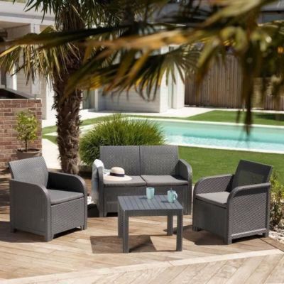 Salon de jardin en résine imitation rotin tressé 4 personnes SanRemo - Gris