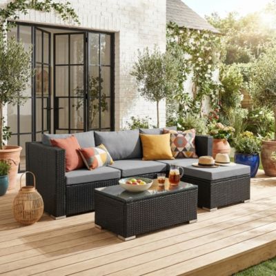 Salon de jardin en résine pour 4 personnes - Torino   résine noir et coussins gris