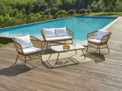 Salon de jardin en résine tressée : 1 canapé 2 places, 2 fauteuils et 1 table basse - Naturel clair - LOUSINI de MYLIA