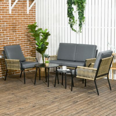 Salon de jardin en résine tressée modulable 4 pers. 5 pièces avec 1 canapé 2 fauteuils et 2 tables basses rondes acier sable