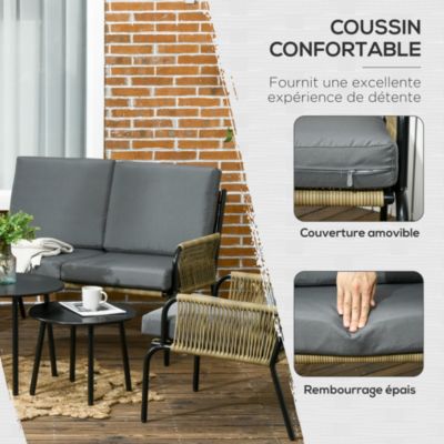 Salon de jardin en résine tressée modulable 4 pers. 5 pièces avec 1 canapé 2 fauteuils et 2 tables basses rondes acier sable