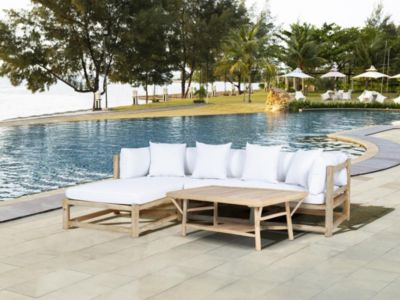 Salon de jardin en teck : 1 canapé d'angle et 1 table basse - Naturel clair et blanc - TULUM de MYLIA