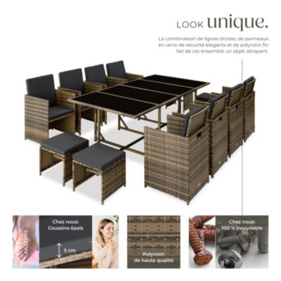 Salon de jardin encastrable 12 places résine tressée marron naturel gris foncé housse incluse
