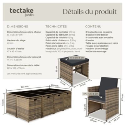 Salon de jardin encastrable 12 places résine tressée marron naturel gris foncé housse incluse