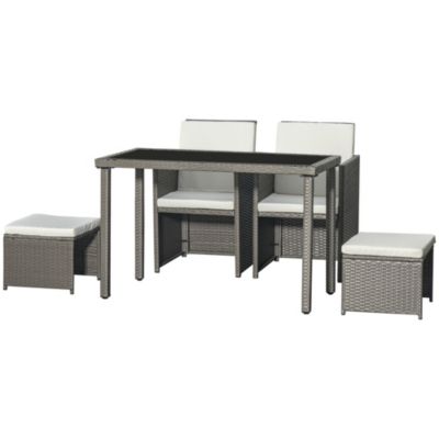 Salon de jardin encastrable 2 fauteuils monoblocs 2 tabourets table basse résine tressée coussins déhoussables crème gris