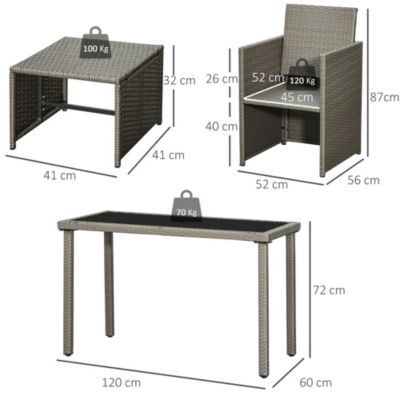 Salon de jardin encastrable 2 fauteuils monoblocs 2 tabourets table basse résine tressée coussins déhoussables crème gris